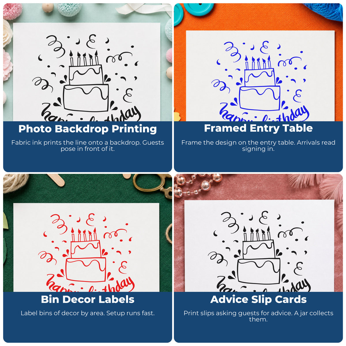 Four ways to use the Two-Tier Birthday Cake And Candles Hand Stamp – Duo: photo backdrop printing, framed entry table, bin decor labels and advice slip cards.