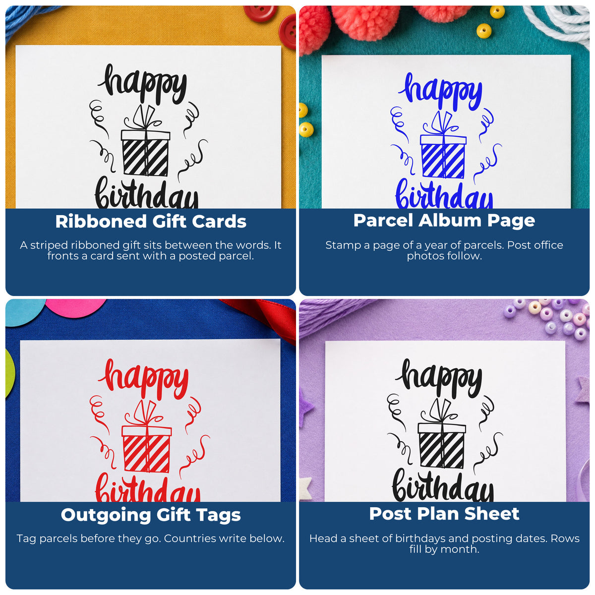 Four ways to use the Striped Birthday Present And Streamers Rubber Stamp – Wood Handle: ribboned gift cards, parcel album page, outgoing gift tags and post plan sheet.