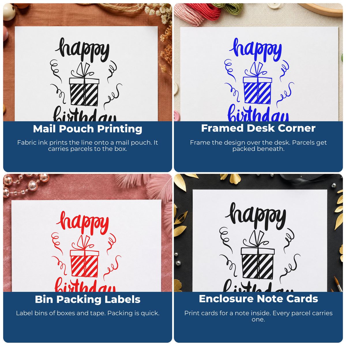 Four ways to use the Striped Birthday Present And Streamers Rubber Stamp – Wood Handle: mail pouch printing, framed desk corner, bin packing labels and enclosure note cards.