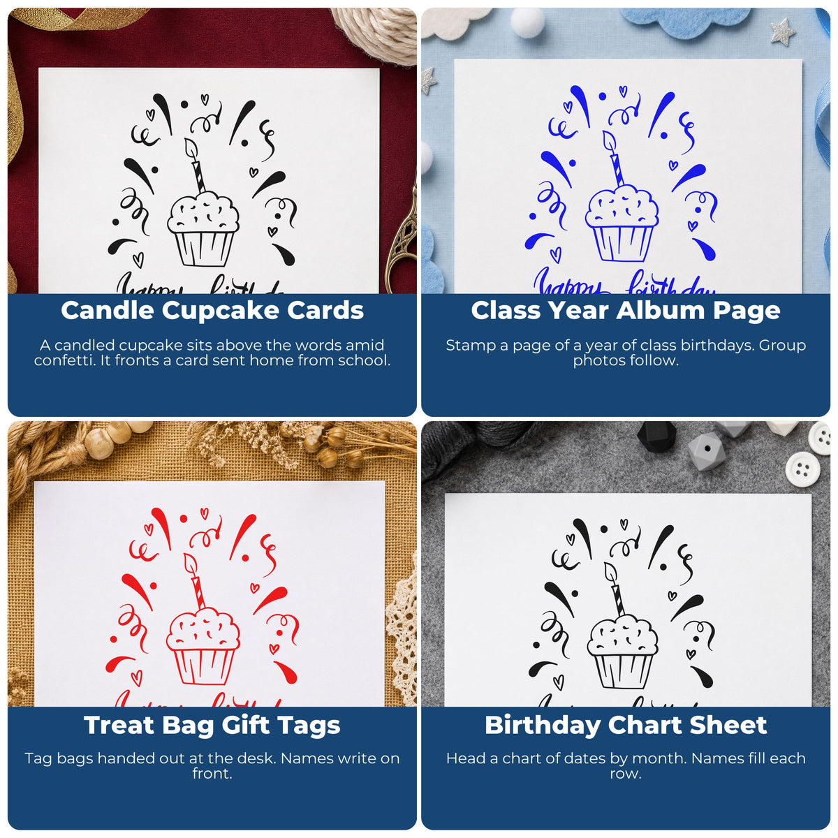 Four ways to use the Birthday Cupcake Candle Confetti With Hearts Stamp - Premium Vintage Pro Wooden: candle cupcake cards, class year album page, treat bag gift tags and birthday chart sheet.