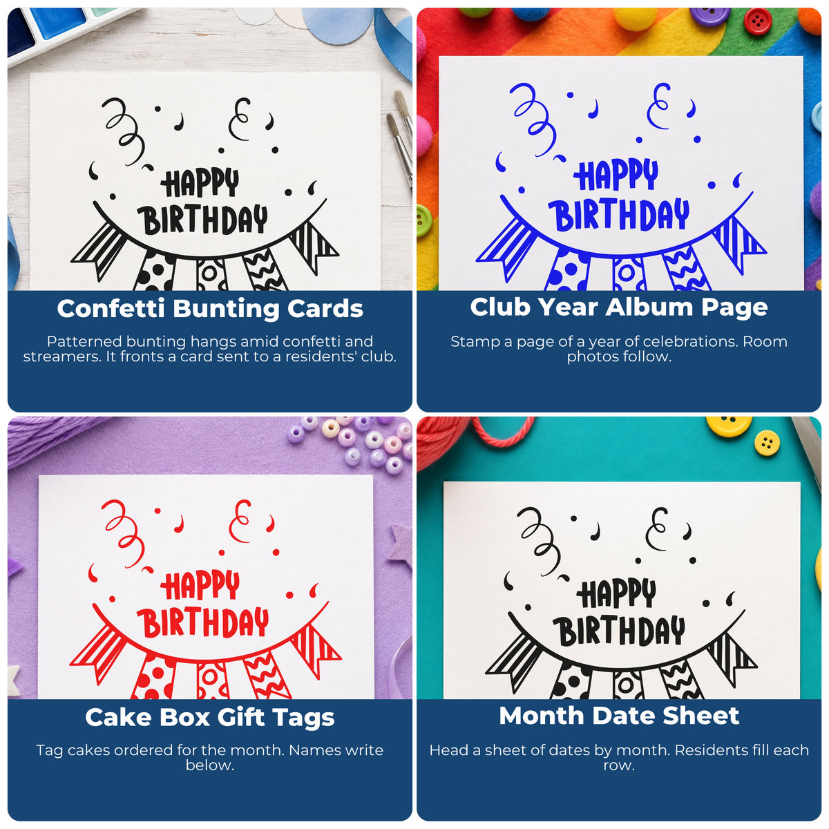Four ways to use the Birthday Patterned Pennant Bunting Hand Stamp – Duo: confetti bunting cards, club year album page, cake box gift tags and month date sheet.