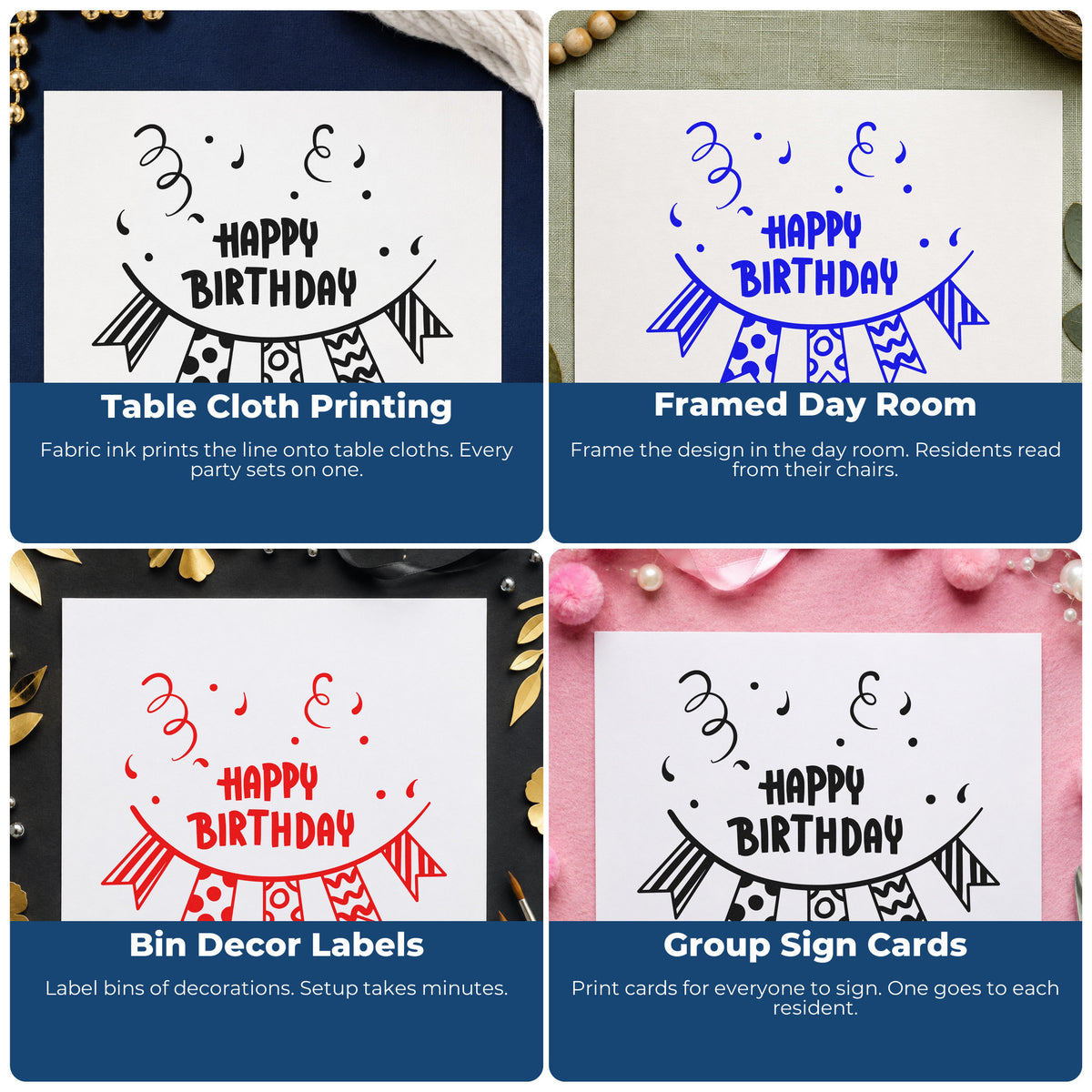 Four ways to use the Birthday Patterned Pennant Bunting Hand Stamp – Duo: table cloth printing, framed day room, bin decor labels and group sign cards.