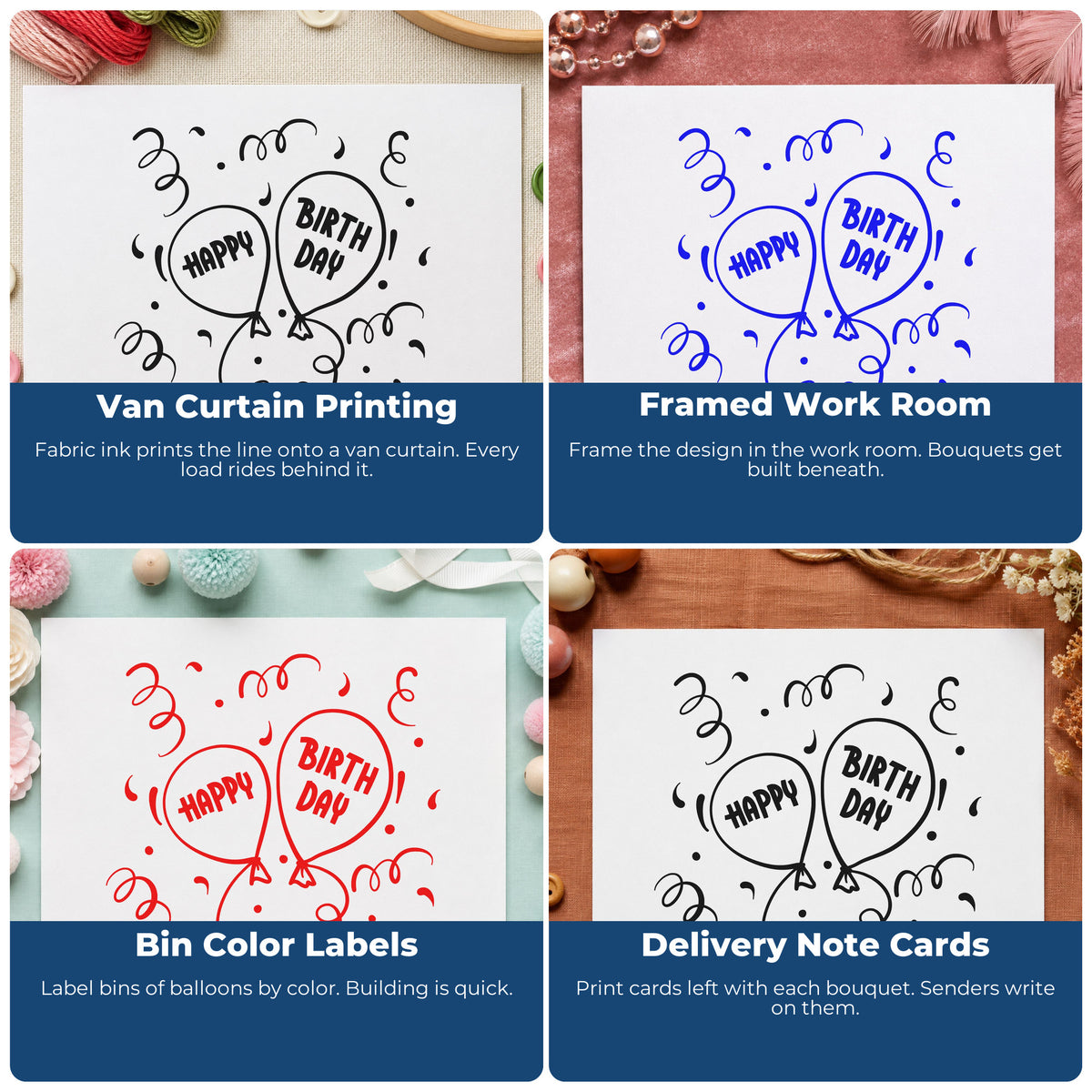 Four ways to use the Happy Birthday Balloon Pair Confetti Stamp – Duo Hand: van curtain printing, framed work room, bin color labels and delivery note cards.