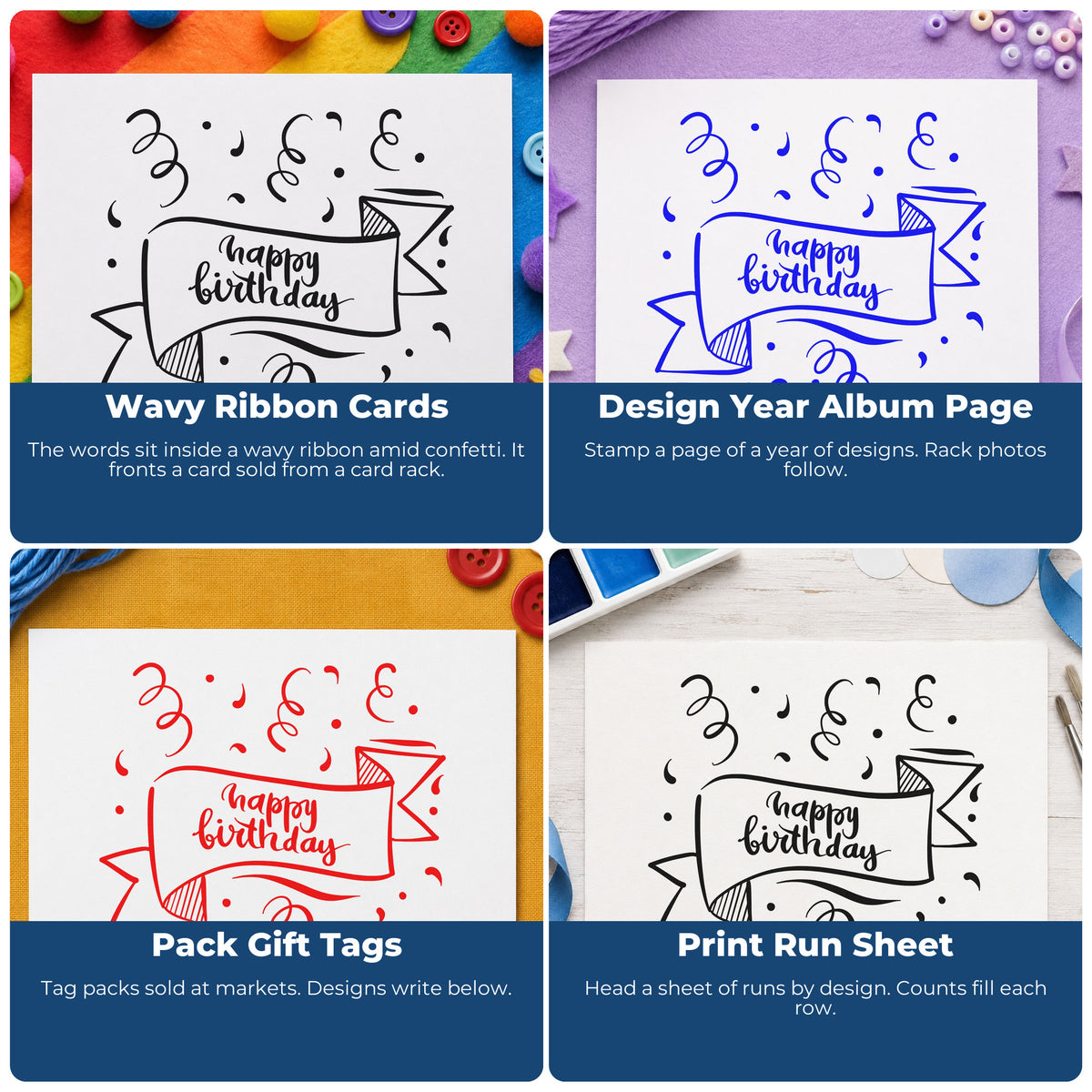 Four ways to use the Happy Birthday Ribbon Banner Confetti Self-Inking Stamp: wavy ribbon cards, design year album page, pack gift tags and print run sheet.