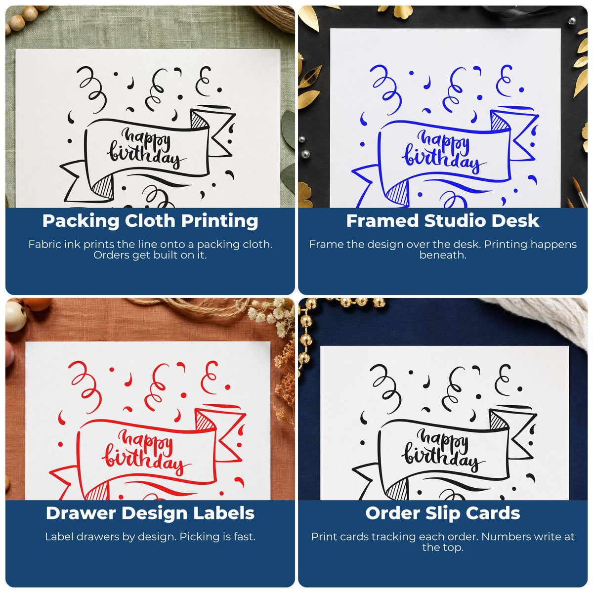 Four ways to use the Happy Birthday Ribbon Banner Confetti Self-Inking Stamp: packing cloth printing, framed studio desk, drawer design labels and order slip cards.