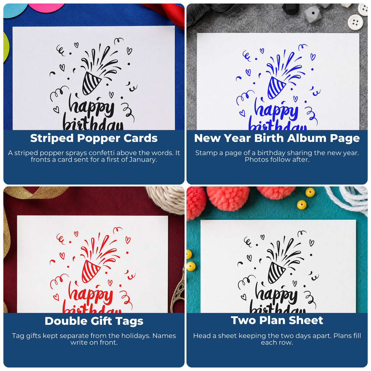 Four ways to use the Birthday Bursting Party Popper Stamp – Self-Inking: striped popper cards, new year birth album page, double gift tags and two plan sheet.