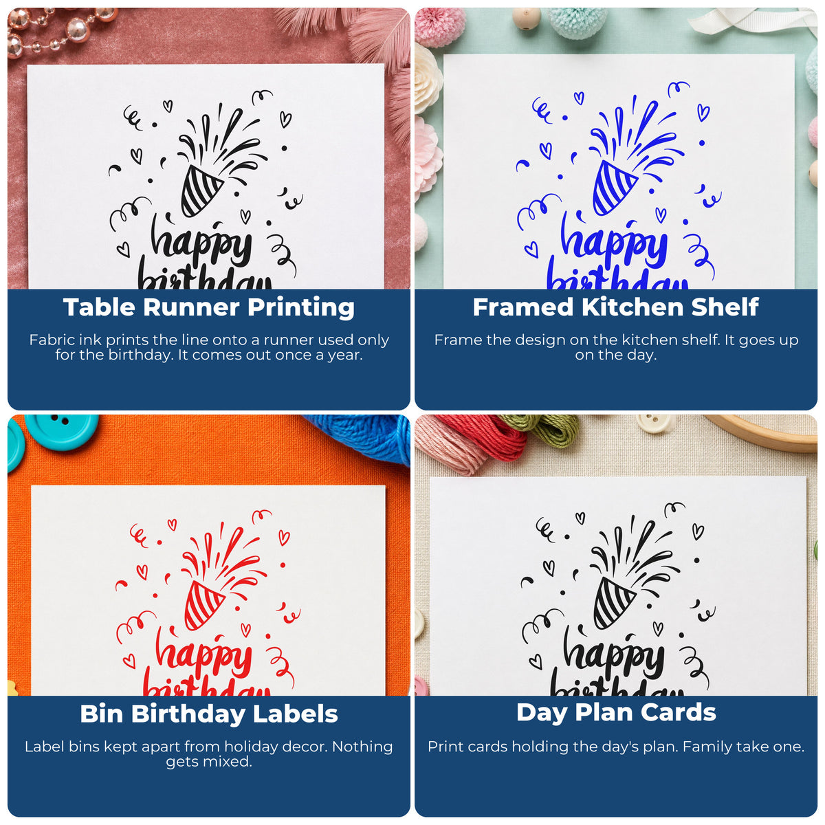 Four ways to use the Birthday Bursting Party Popper Stamp – Self-Inking: table runner printing, framed kitchen shelf, bin birthday labels and day plan cards.