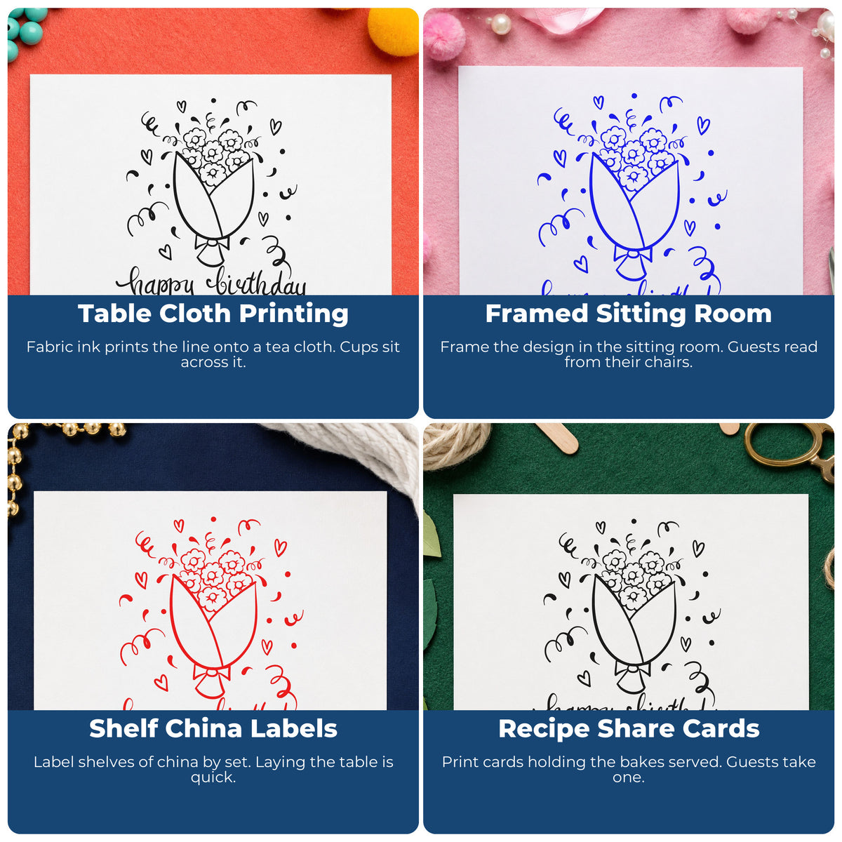 Four ways to use the Birthday Flower Bouquet Hearts Wood Handle Stamp: table cloth printing, framed sitting room, shelf china labels and recipe share cards.