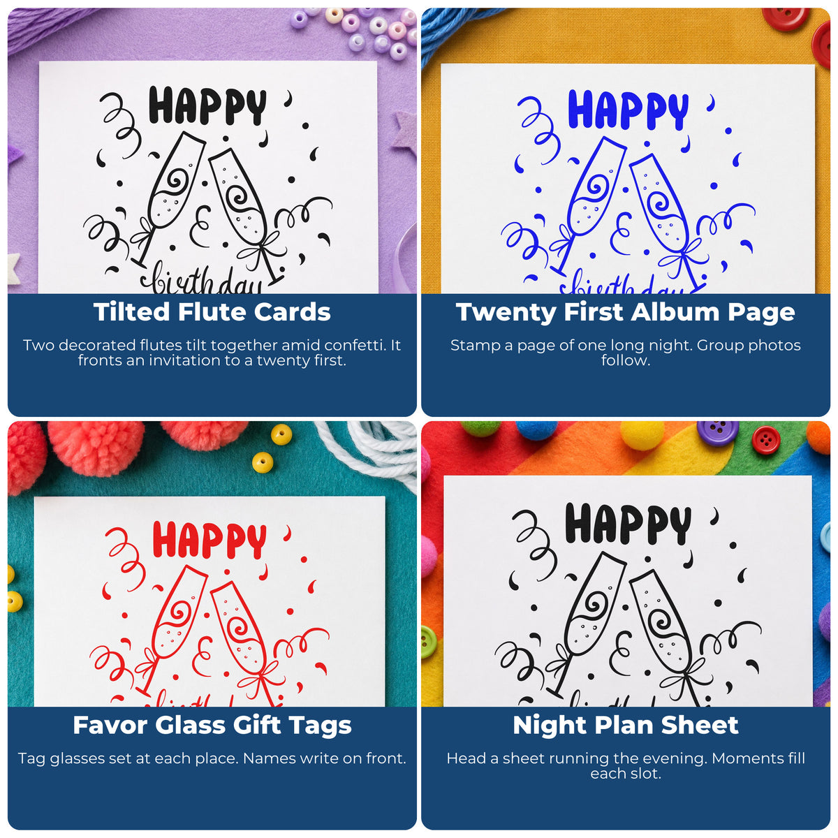 Four ways to use the Birthday Toast Champagne Flutes Craft Stamp – Self-Inking: tilted flute cards, twenty first album page, favor glass gift tags and night plan sheet.