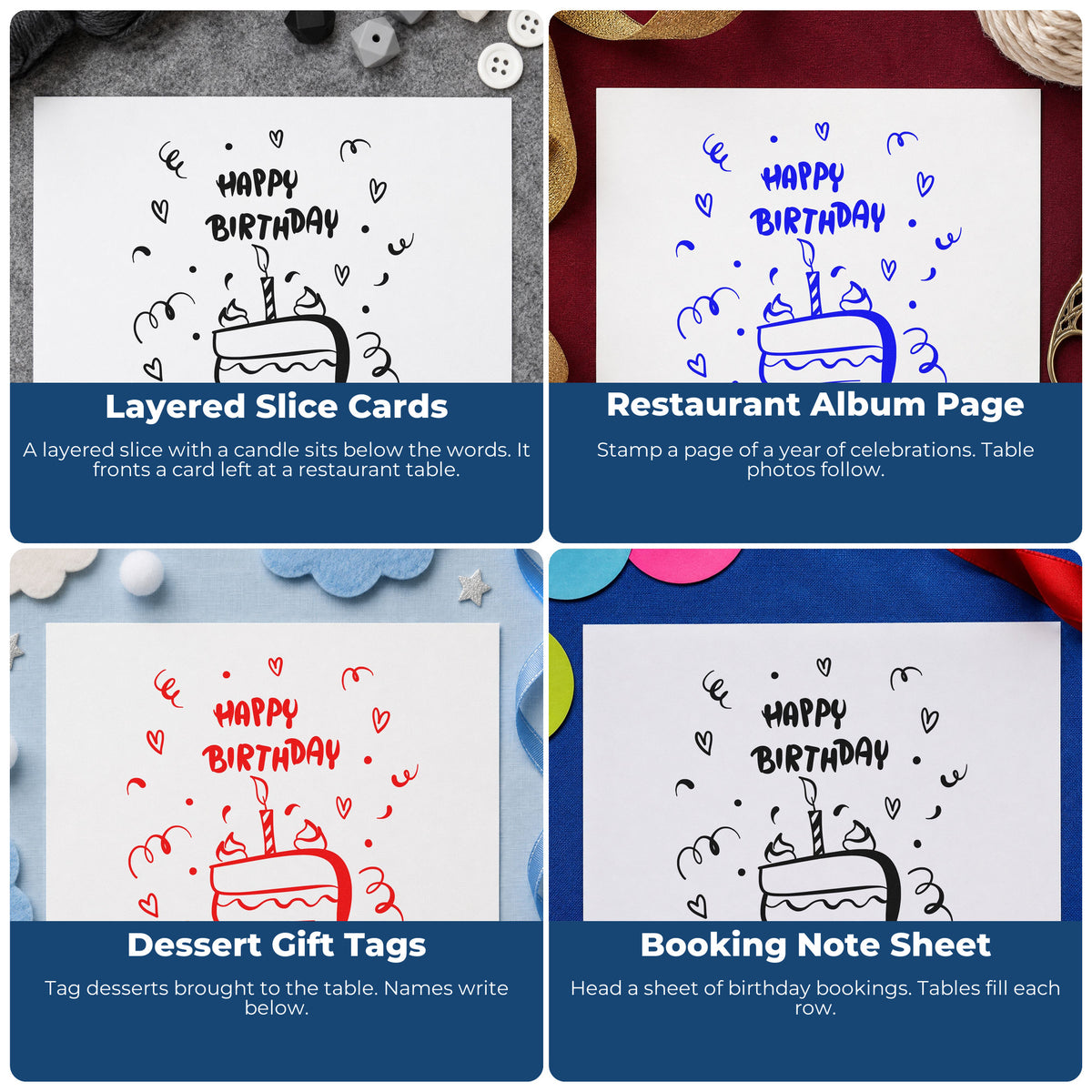 Four ways to use the Birthday Candle Cake Slice With Hearts Rubber Stamp – Duo Hand: layered slice cards, restaurant album page, dessert gift tags and booking note sheet.