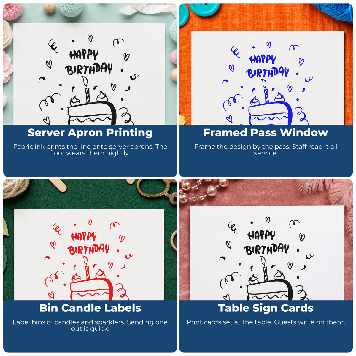 Four ways to use the Birthday Candle Cake Slice With Hearts Compact Pre-Inked Stamp – Slim: server apron printing, framed pass window, bin candle labels and table sign cards.