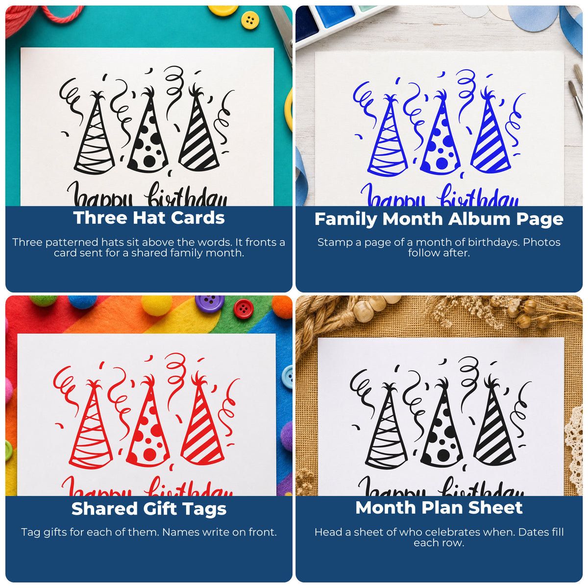 Four ways to use the Three Patterned Birthday Party Hats Slim Pre-Inked Stamp: three hat cards, family month album page, shared gift tags and month plan sheet.