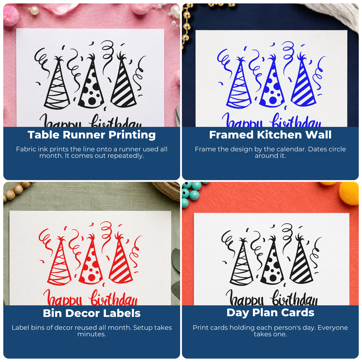 Four ways to use the Three Patterned Birthday Party Hats Slim Pre-Inked Stamp: table runner printing, framed kitchen wall, bin decor labels and day plan cards.