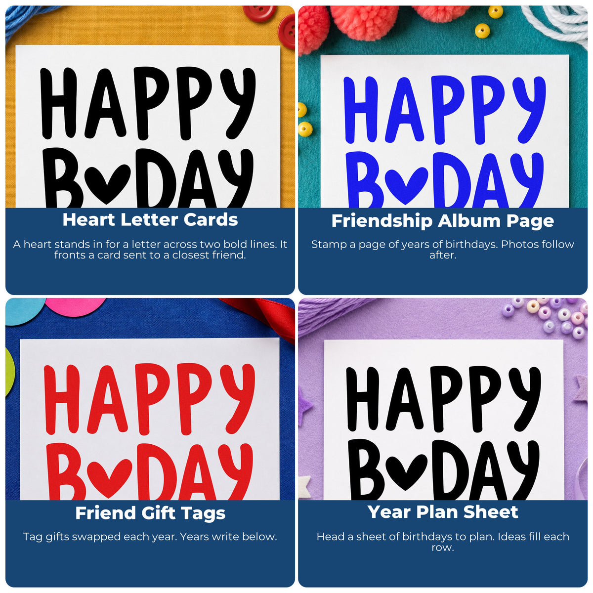 Four ways to use the Happy Birthday Heart Letter Block Lettering Wood Handle Stamp: heart letter cards, friendship album page, friend gift tags and year plan sheet.