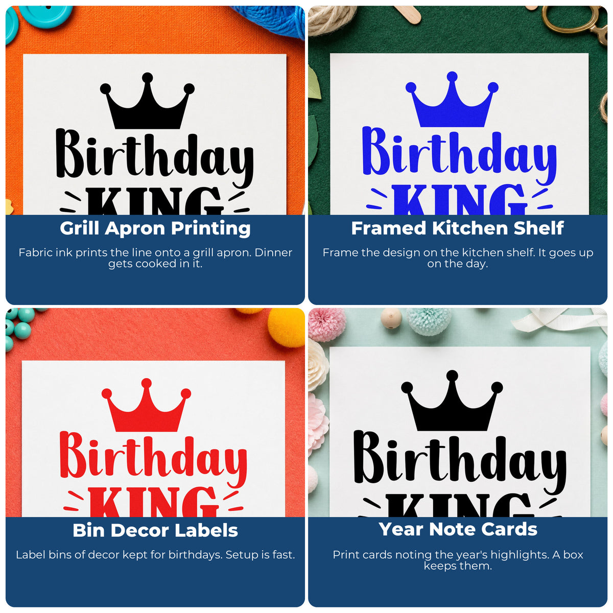 Four ways to use the Birthday King Crown Rays Premium Wood-Mounted Stamp - Vintage Pro: grill apron printing, framed kitchen shelf, bin decor labels and year note cards.