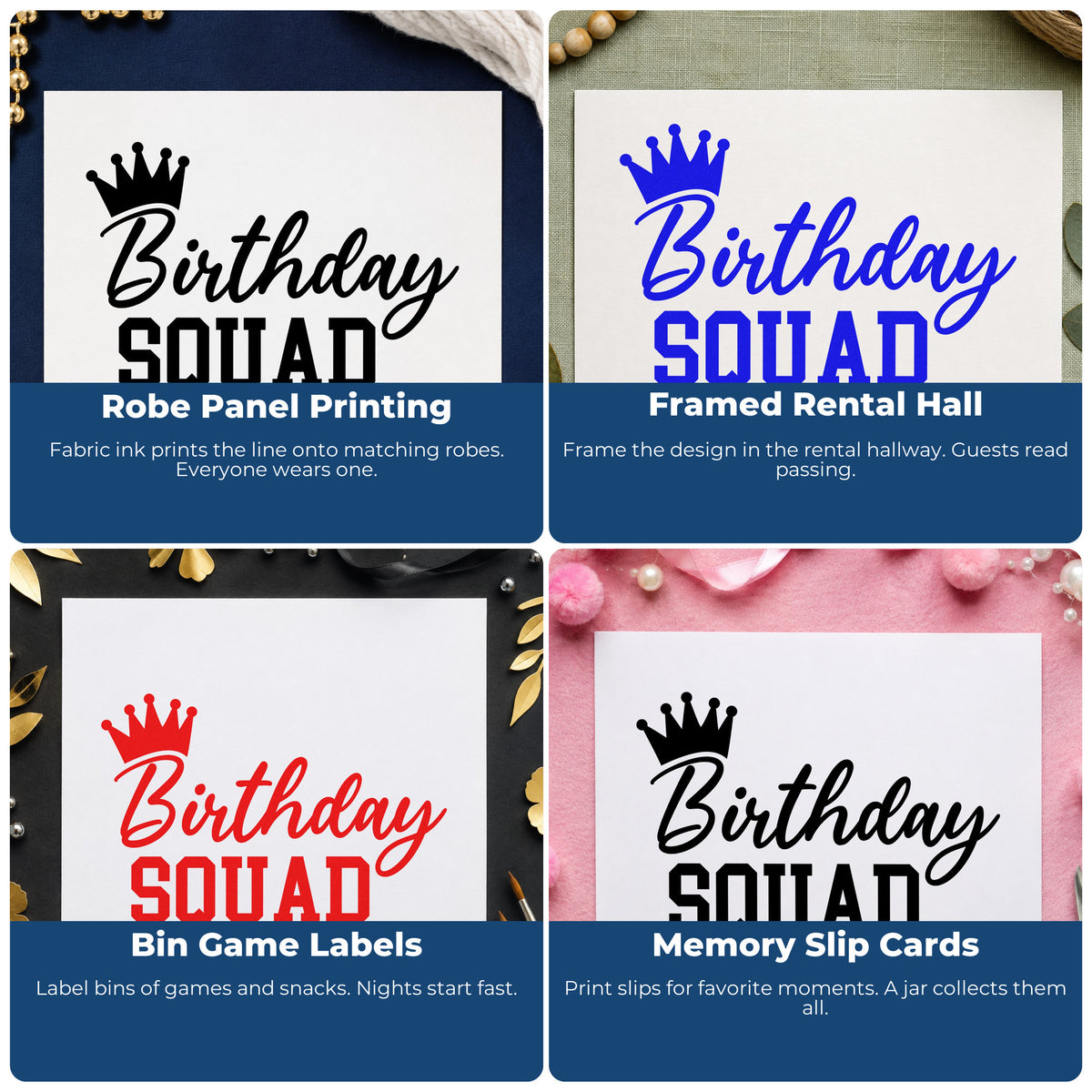 Four ways to use the Birthday Squad Crown Script Lettering Rubber Stamp – Wood Handle: robe panel printing, framed rental hall, bin game labels and memory slip cards.