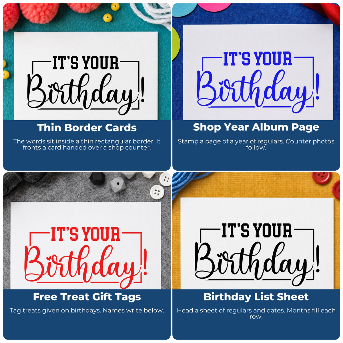Four ways to use the It Is Your Birthday Pre-Inked Stamp – Slim: thin border cards, shop year album page, free treat gift tags and birthday list sheet.