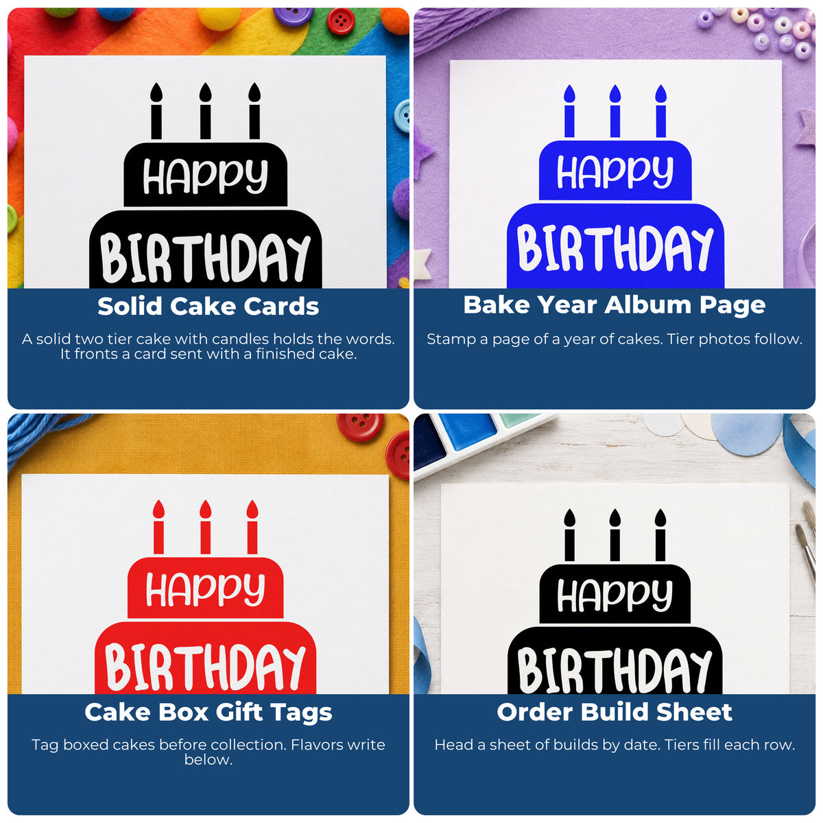 Four ways to use the Happy Birthday Candle Cake Stamp – Self-Inking: solid cake cards, bake year album page, cake box gift tags and order build sheet.