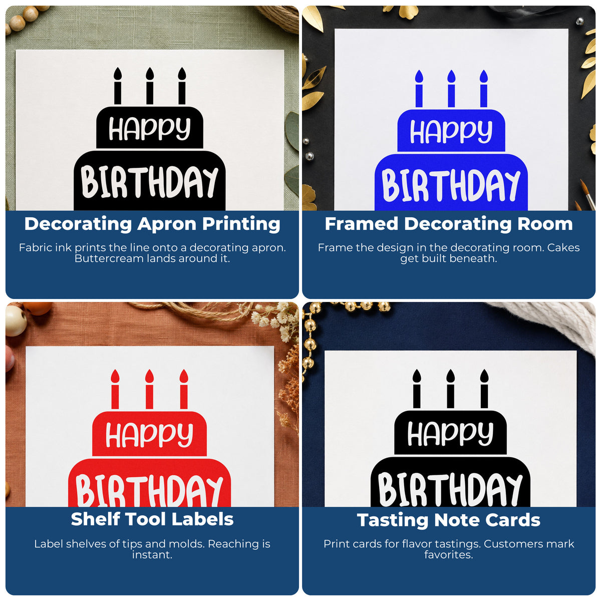 Four ways to use the Happy Birthday Candle Cake Stamp – Self-Inking: decorating apron printing, framed decorating room, shelf tool labels and tasting note cards.