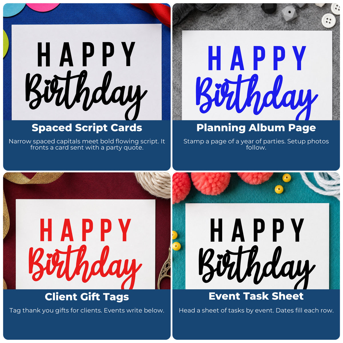Four ways to use the Happy Birthday Mixed Word Art Stamp - Premium Vintage Pro Wooden: spaced script cards, planning album page, client gift tags and event task sheet.