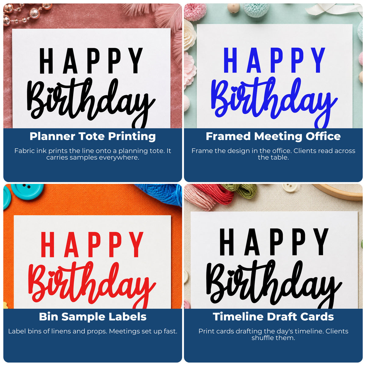 Four ways to use the Happy Birthday Mixed Word Art Rubber Stamp – Duo Hand: planner tote printing, framed meeting office, bin sample labels and timeline draft cards.