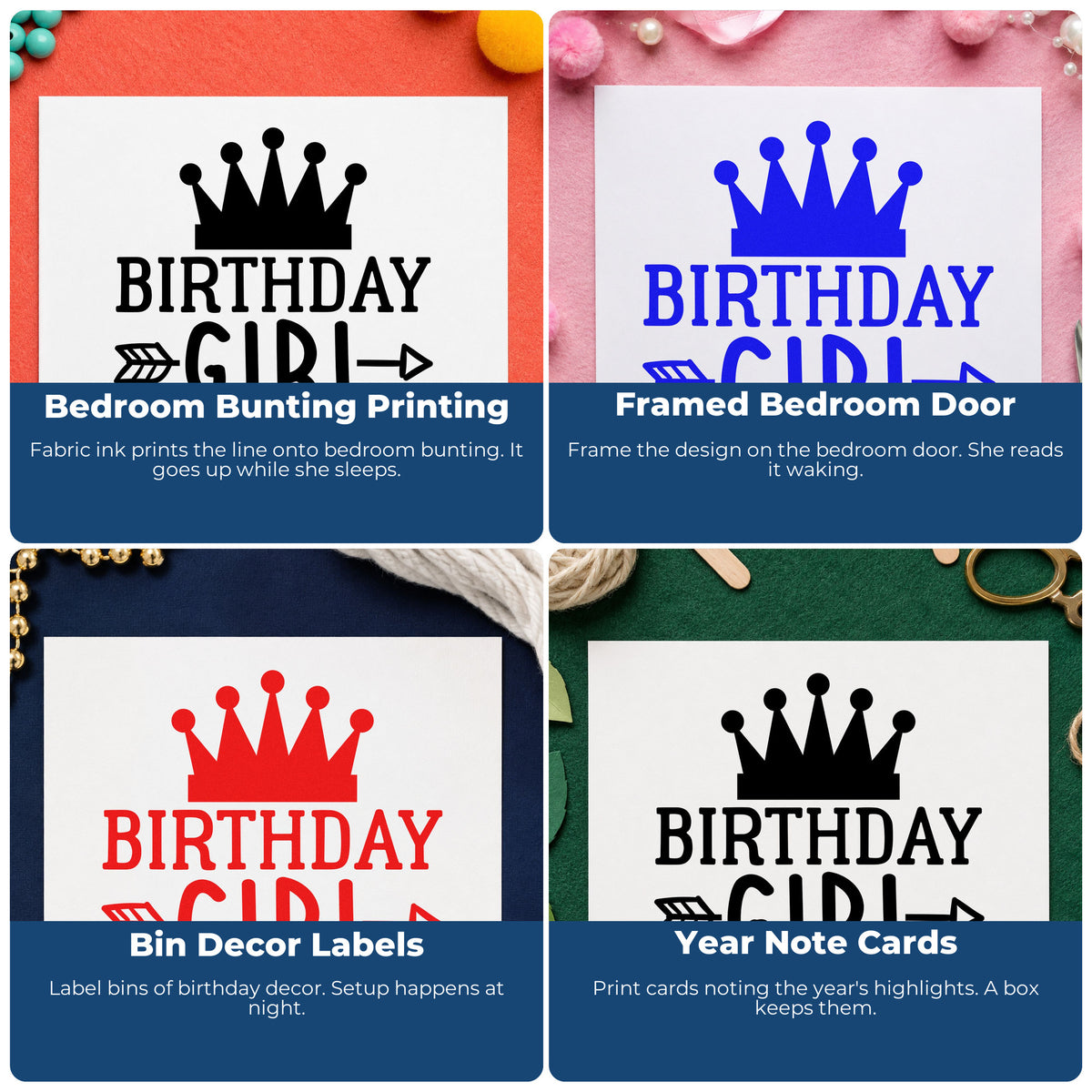 Four ways to use the Birthday Girl Crown And Arrow Hand Stamp – Duo: bedroom bunting printing, framed bedroom door, bin decor labels and year note cards.