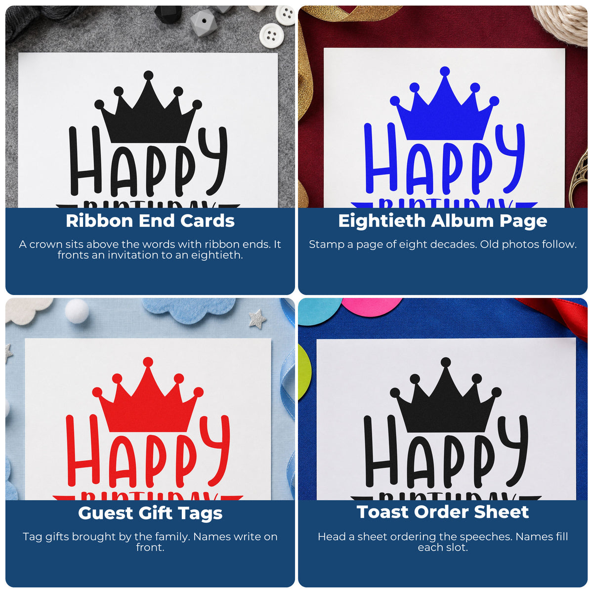 Four ways to use the Happy Birthday Crown Banner Wood Handle Stamp: ribbon end cards, eightieth album page, guest gift tags and toast order sheet.
