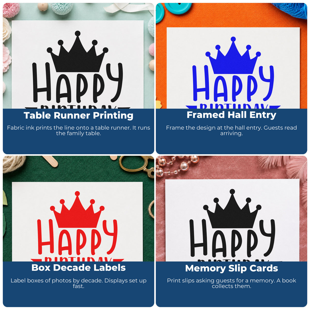 Four ways to use the Happy Birthday Crown Banner Wood Handle Stamp: table runner printing, framed hall entry, box decade labels and memory slip cards.