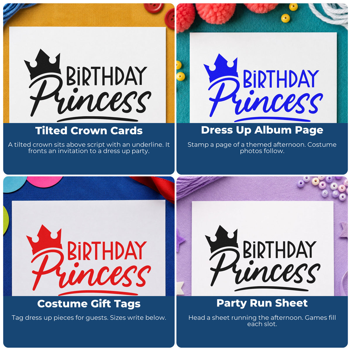 Four ways to use the Vintage Pro Birthday Princess Crown Script Premium Wooden Stamp: tilted crown cards, dress up album page, costume gift tags and party run sheet.