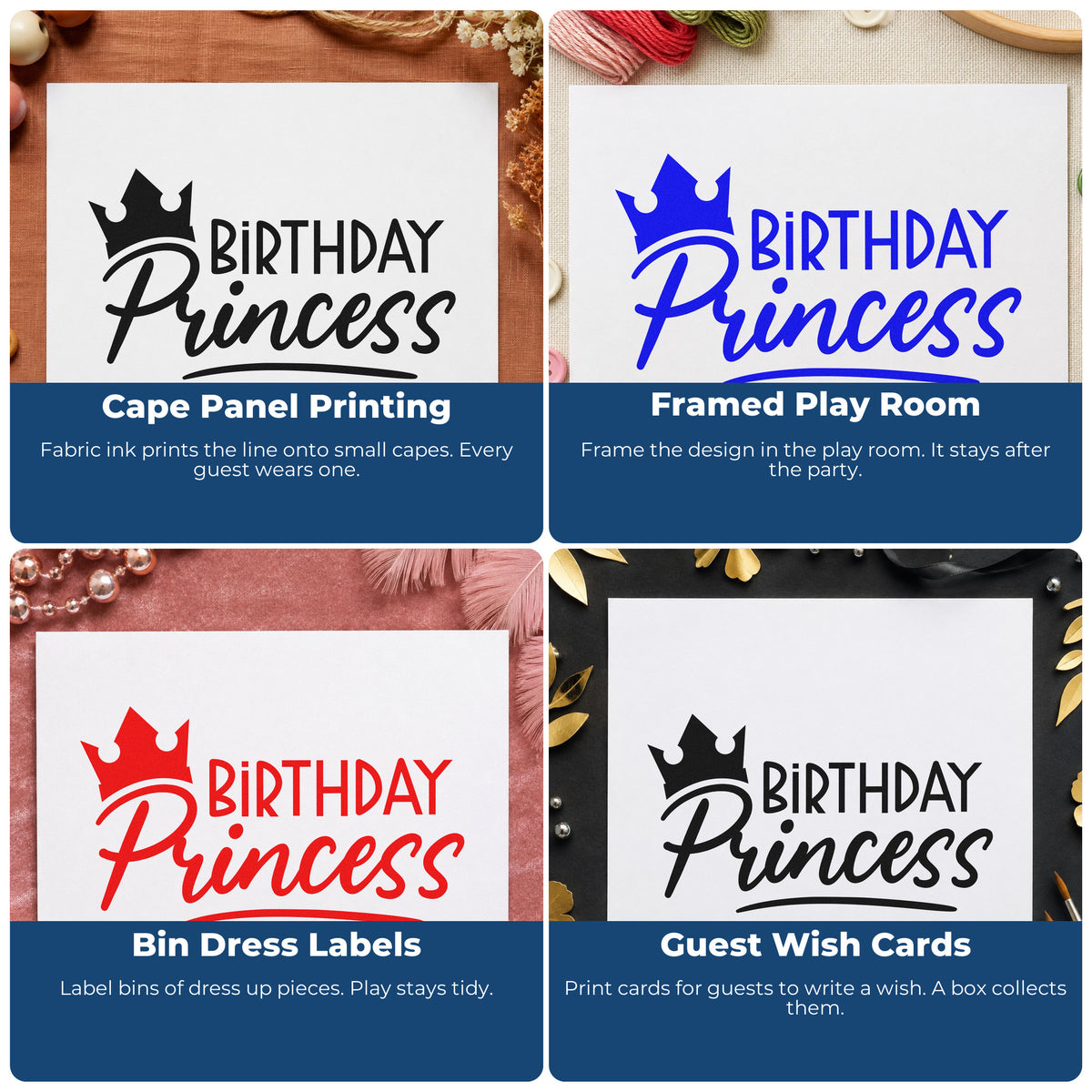 Four ways to use the Birthday Princess Crown Script Wood-Mounted Rubber Stamp: cape panel printing, framed play room, bin dress labels and guest wish cards.