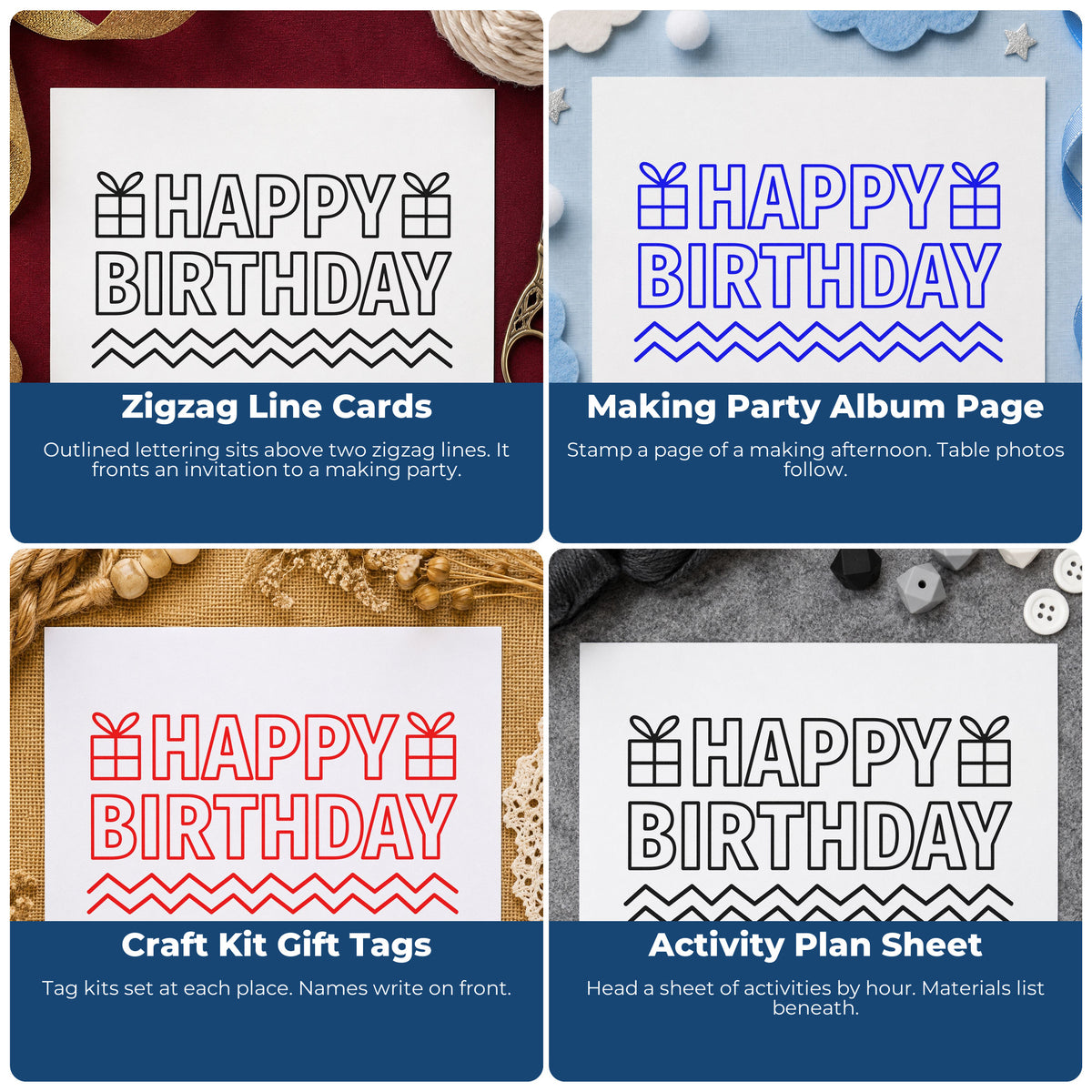 Four ways to use the Gift Accents With Outlined Happy Birthday Premium Wooden Stamp - Vintage Pro: zigzag line cards, making party album page, craft kit gift tags and activity plan sheet.