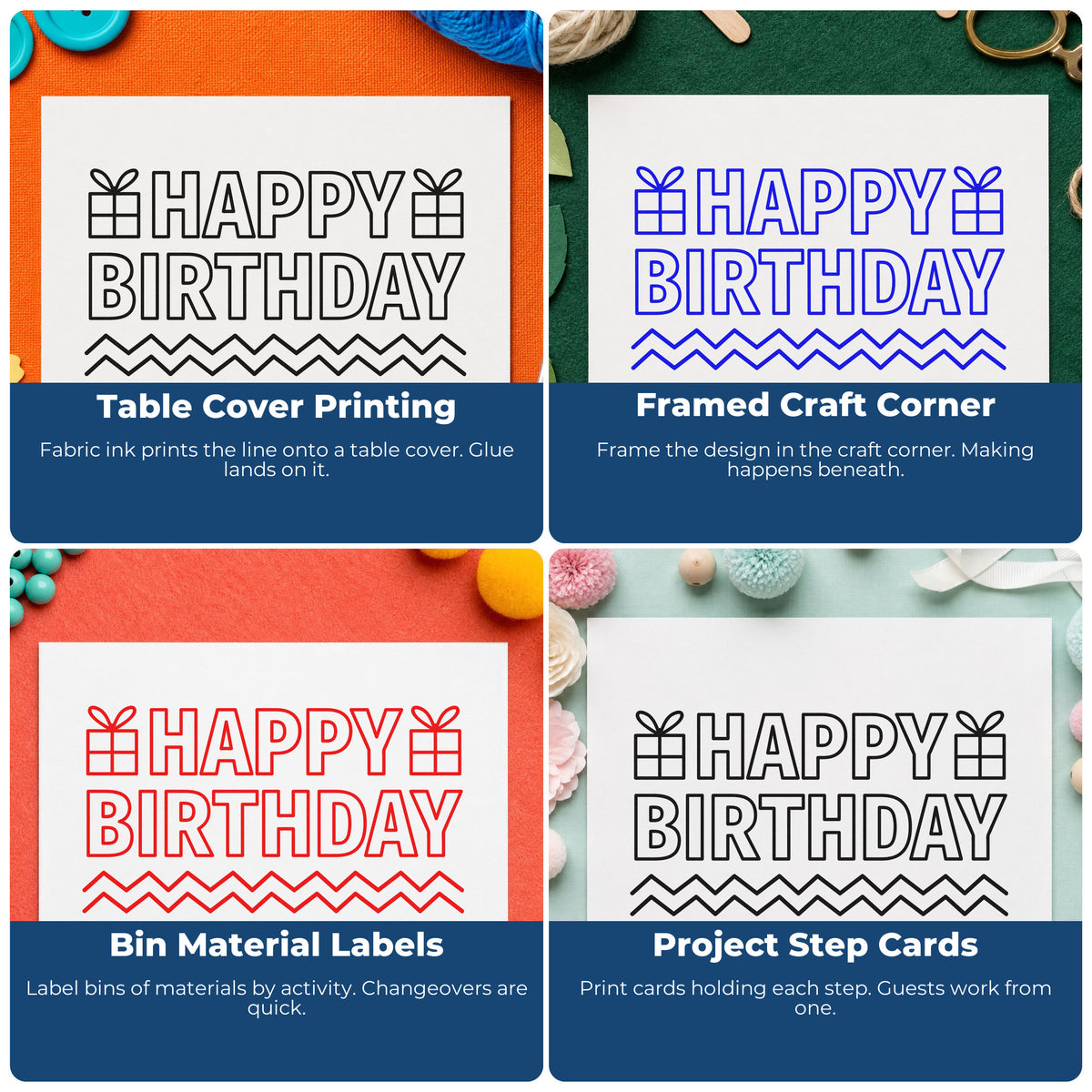 Four ways to use the Self-Inking Gift Accents With Outlined Happy Birthday Stamp: table cover printing, framed craft corner, bin material labels and project step cards.
