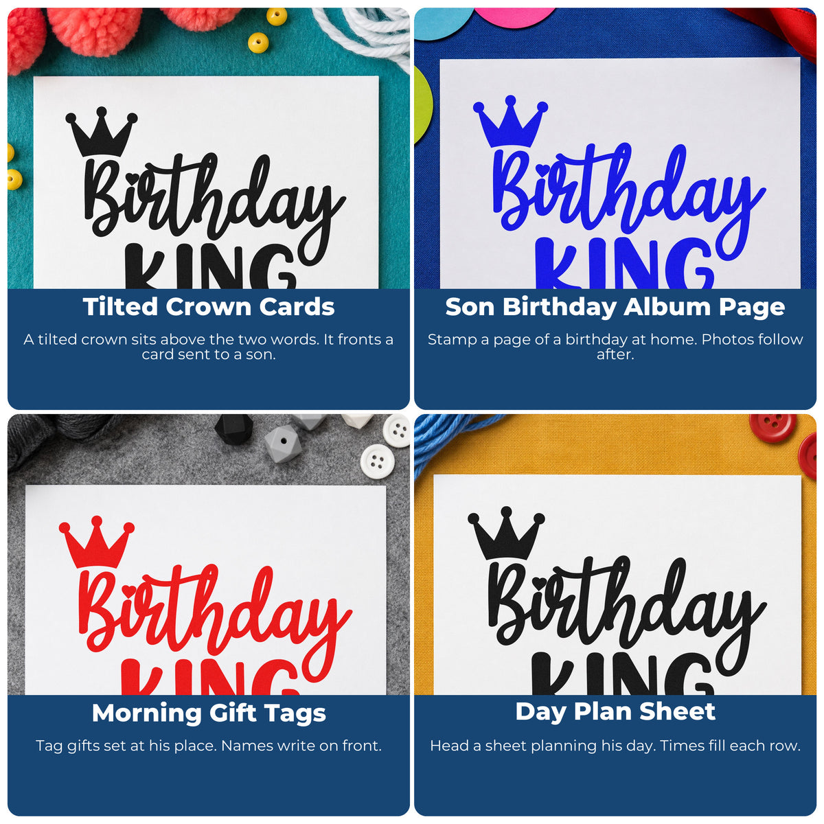 Four ways to use the Birthday King Tilted Crown Slim Pre-Inked Stamp: tilted crown cards, son birthday album page, morning gift tags and day plan sheet.