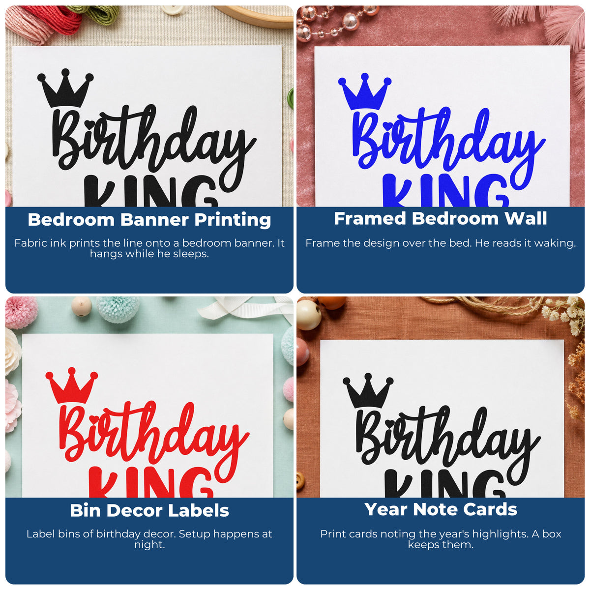Four ways to use the Birthday King Tilted Crown Slim Pre-Inked Stamp: bedroom banner printing, framed bedroom wall, bin decor labels and year note cards.