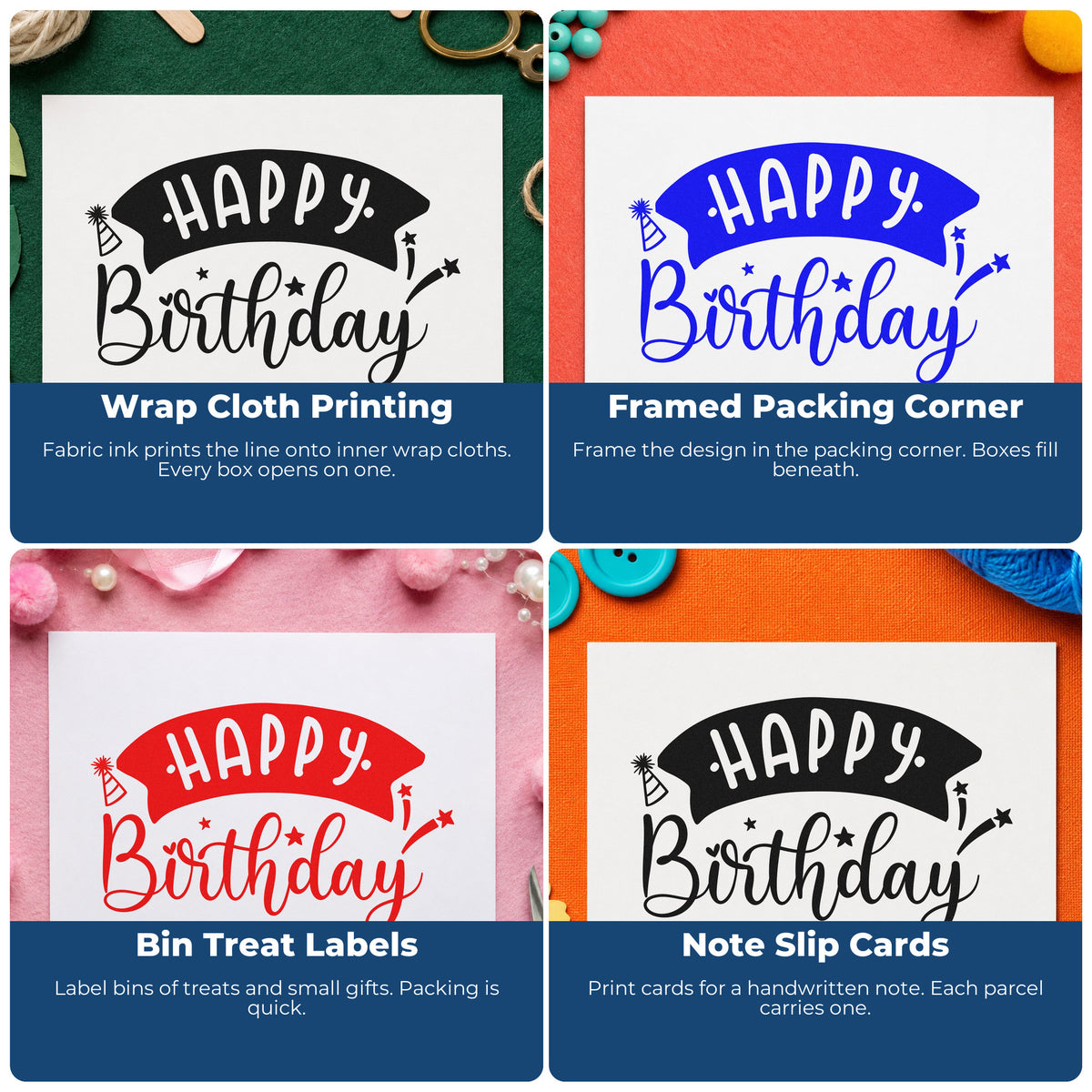 Four ways to use the Happy Birthday Curved Banner Hand Stamp – Duo: wrap cloth printing, framed packing corner, bin treat labels and note slip cards.