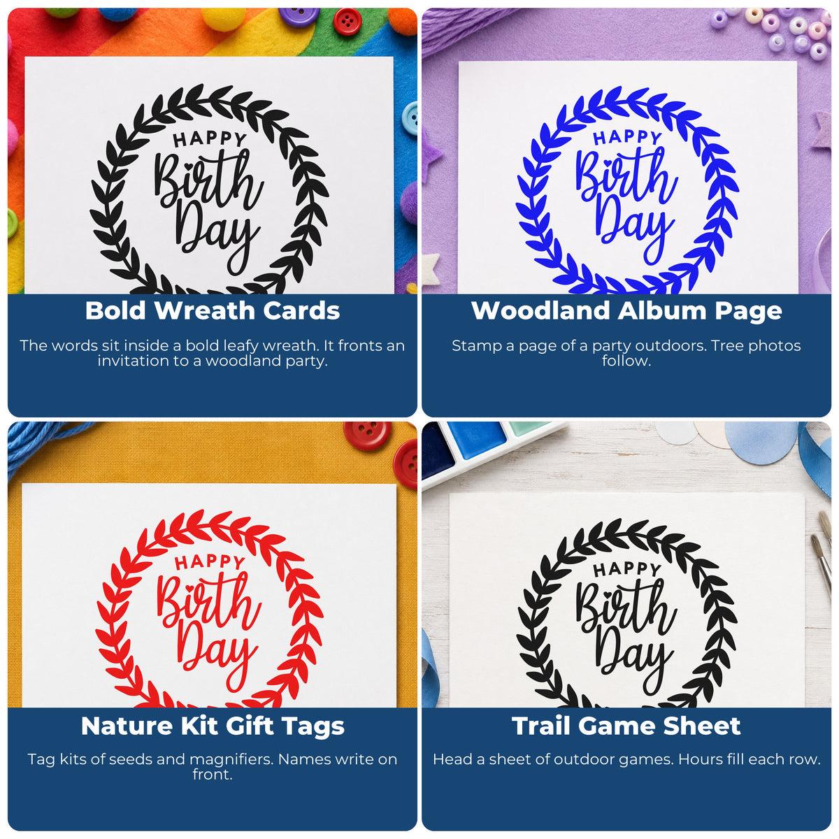 Four ways to use the Happy Birthday Leafy Wreath Pre-Inked Stamp – Slim: bold wreath cards, woodland album page, nature kit gift tags and trail game sheet.