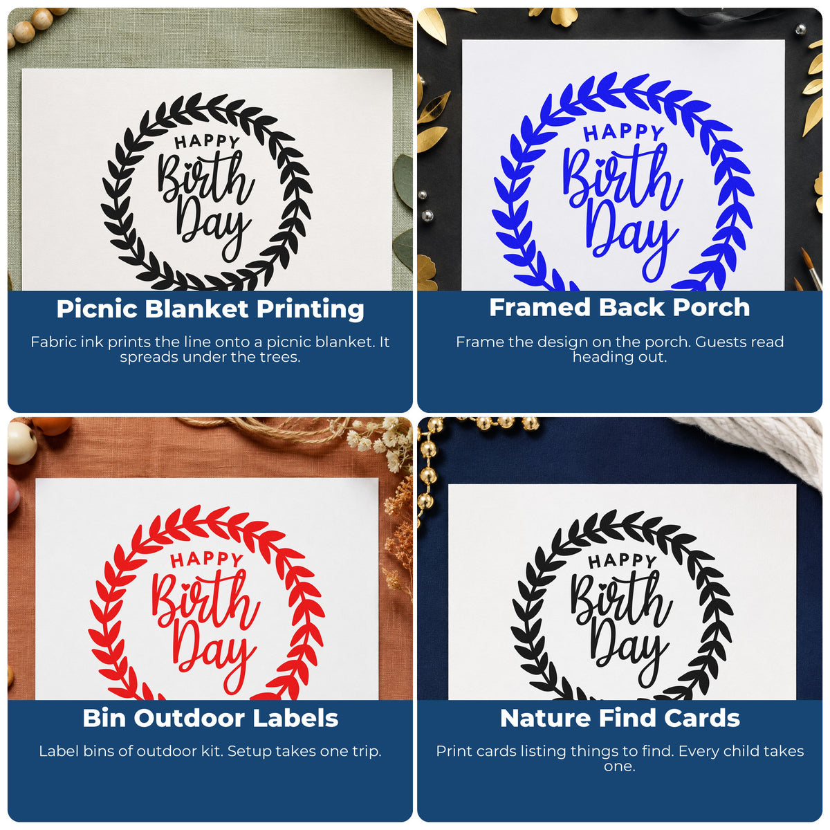 Four ways to use the Happy Birthday Leafy Wreath Pre-Inked Stamp – Slim: picnic blanket printing, framed back porch, bin outdoor labels and nature find cards.