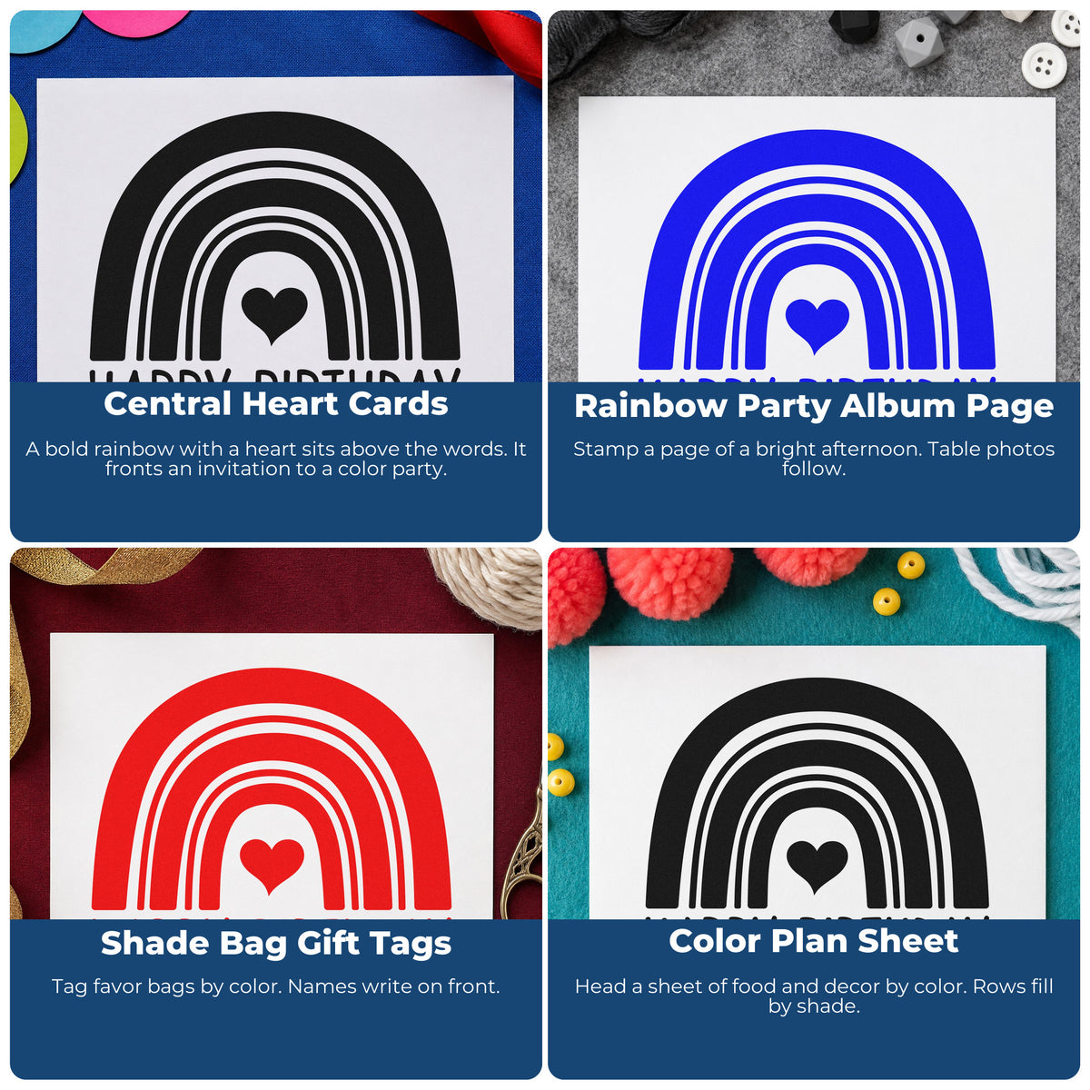 Four ways to use the Birthday Wishes Heart Rainbow Hand Stamp – Duo: central heart cards, rainbow party album page, shade bag gift tags and color plan sheet.