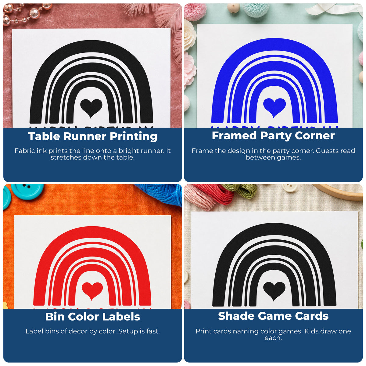 Four ways to use the Birthday Wishes Heart Rainbow Craft Stamp – Self-Inking: table runner printing, framed party corner, bin color labels and shade game cards.
