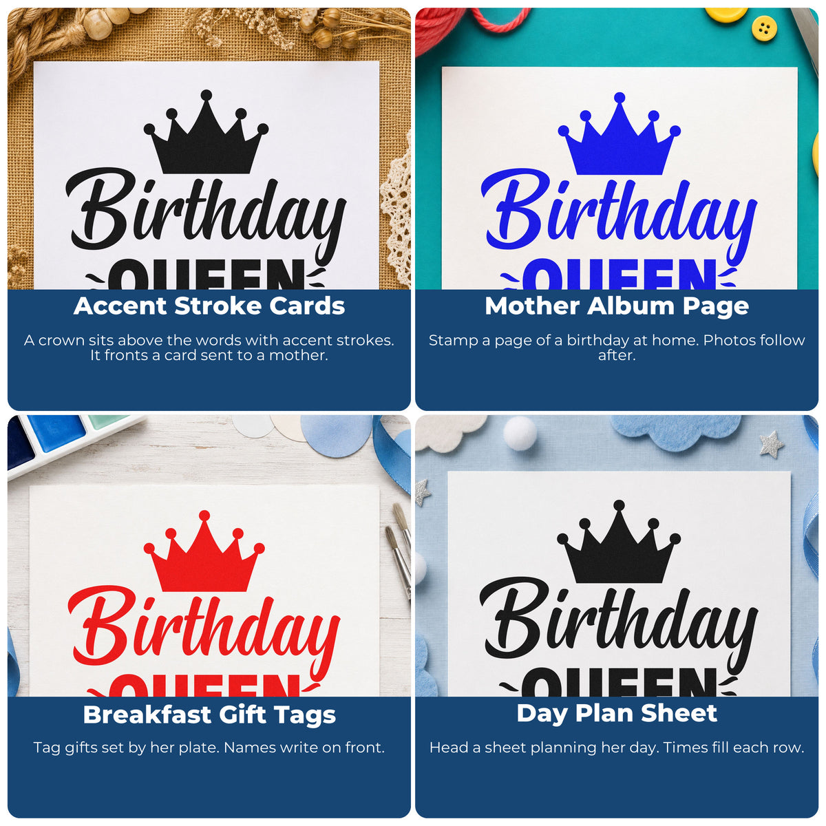Four ways to use the Crowned Birthday Queen Accent Lines Stamp - Premium Vintage Pro Wooden: accent stroke cards, mother album page, breakfast gift tags and day plan sheet.