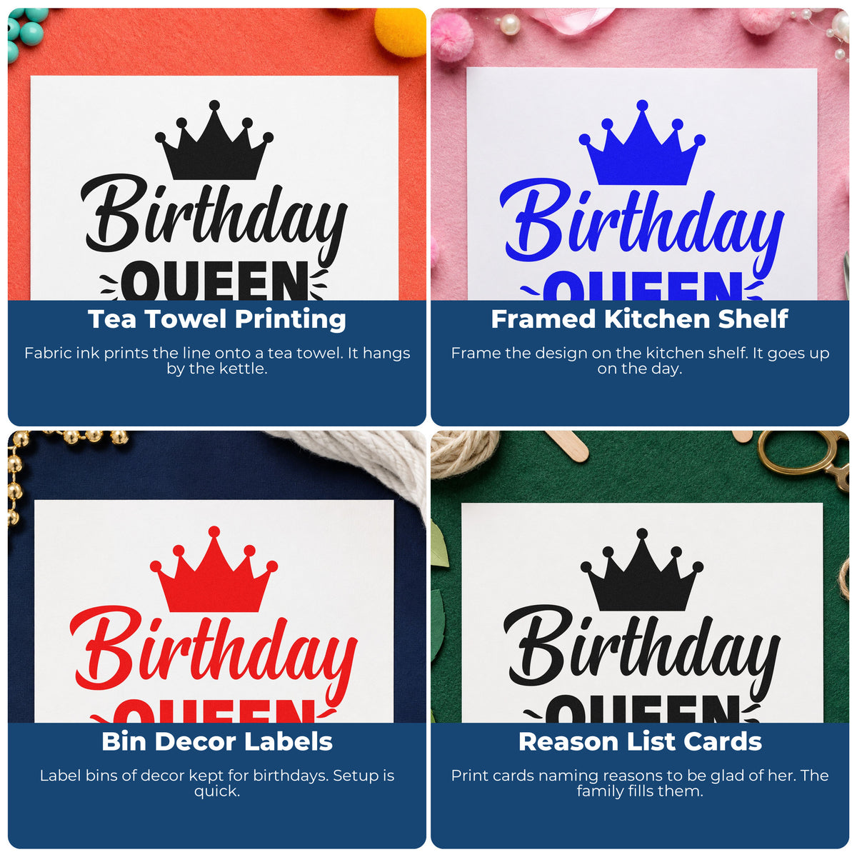 Four ways to use the Crowned Birthday Queen Accent Lines Stamp - Premium Vintage Pro Wooden: tea towel printing, framed kitchen shelf, bin decor labels and reason list cards.