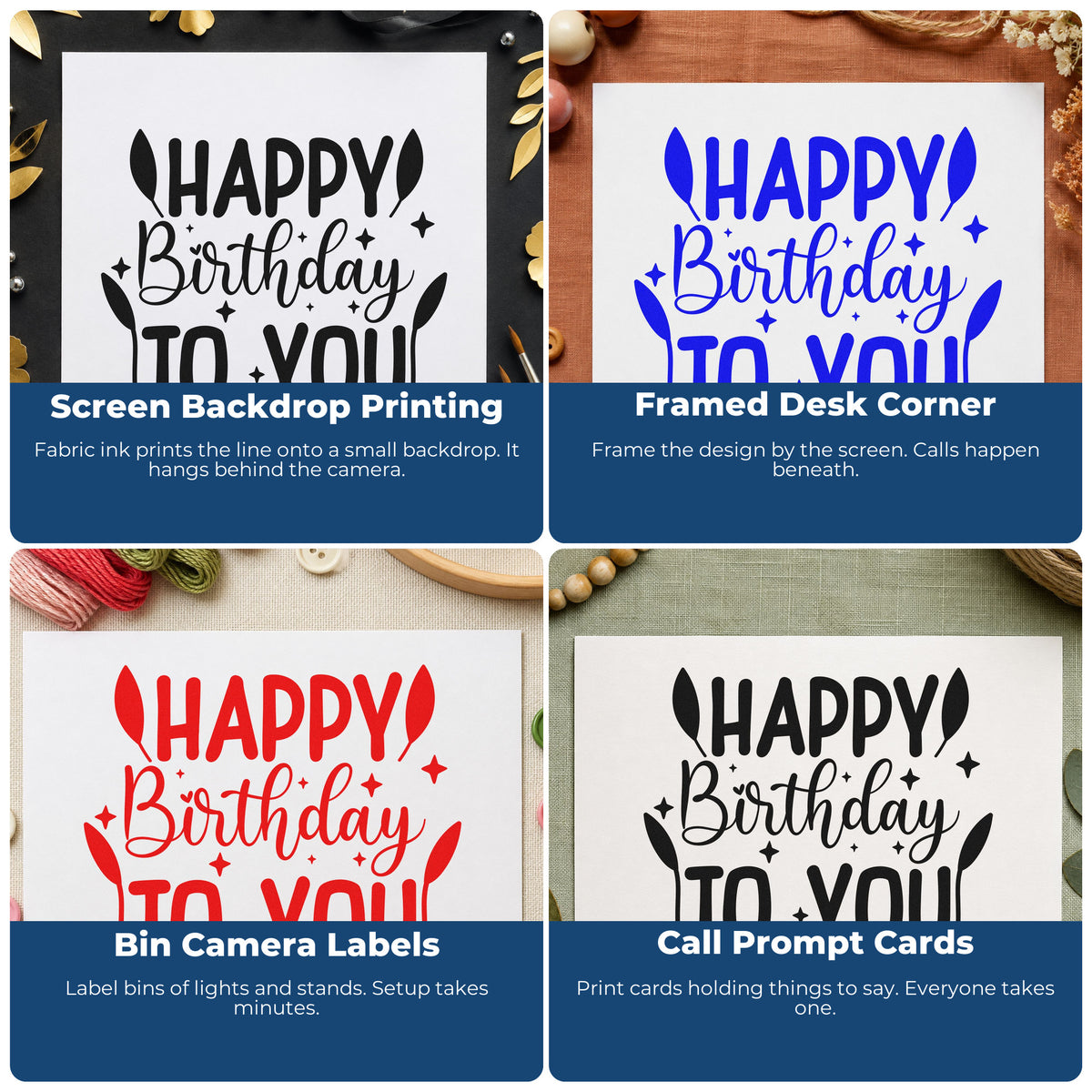 Four ways to use the Happy Birthday To You Rubber Stamp – Wood Handle: screen backdrop printing, framed desk corner, bin camera labels and call prompt cards.