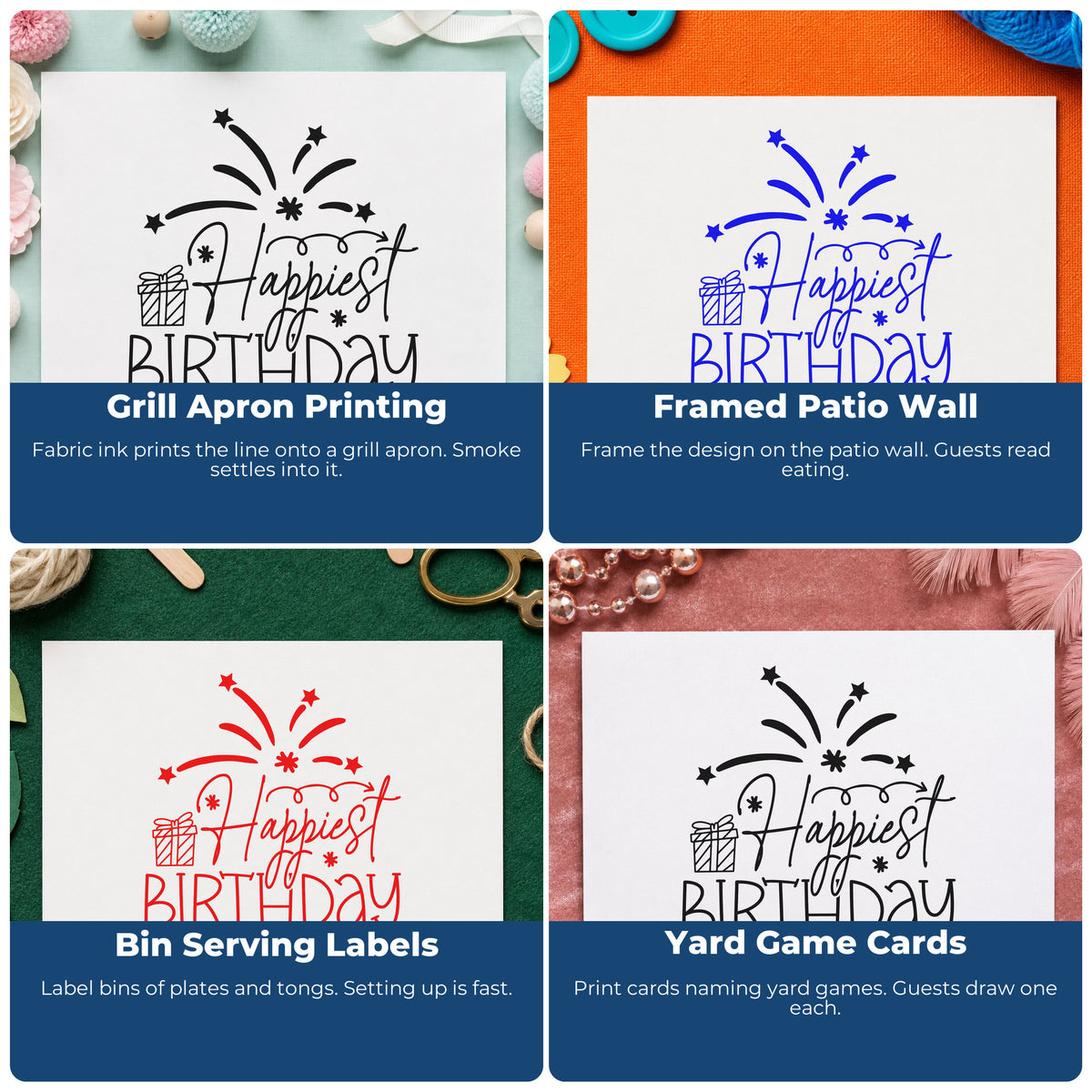 Four ways to use the Happiest Birthday Gift Fireworks Self-Inking Craft Stamp: grill apron printing, framed patio wall, bin serving labels and yard game cards.