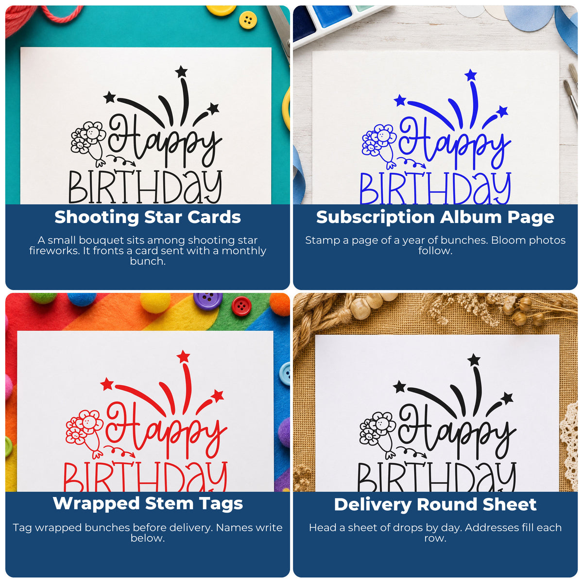 Four ways to use the Happy Birthday Flowers Fireworks Pre-Inked Stamp – Slim: shooting star cards, subscription album page, wrapped stem tags and delivery round sheet.