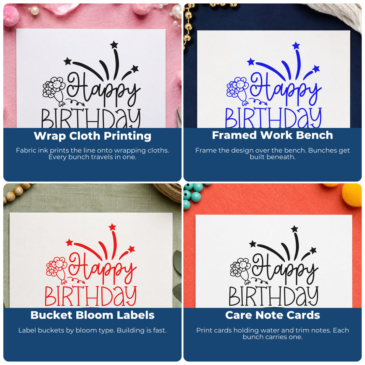 Four ways to use the Happy Birthday Flowers Fireworks PSI Pre-Inked Stamp: wrap cloth printing, framed work bench, bucket bloom labels and care note cards.