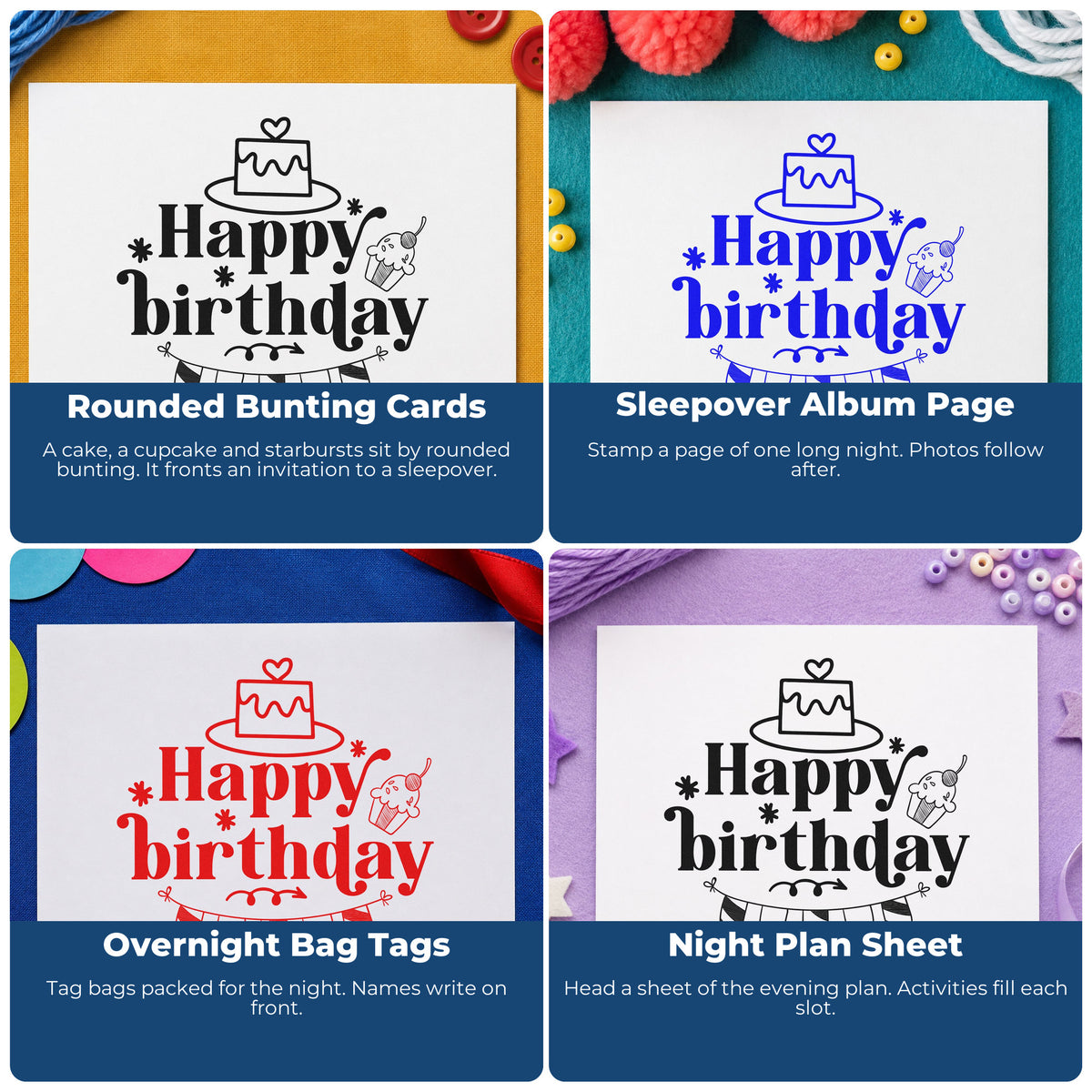 Four ways to use the Heart Cake And Cherry Cupcake Birthday Slim Pre-Inked Stamp: rounded bunting cards, sleepover album page, overnight bag tags and night plan sheet.