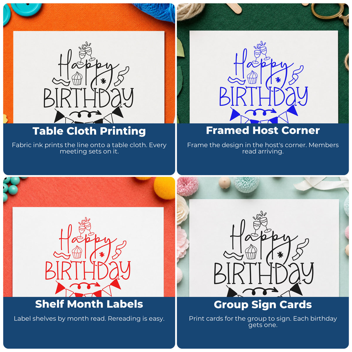 Four ways to use the Cupcake And Toasting Glasses Birthday Premium Wooden Stamp - Vintage Pro: table cloth printing, framed host corner, shelf month labels and group sign cards.