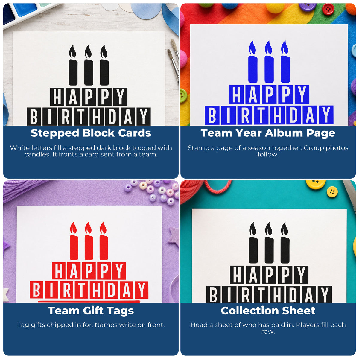 Four ways to use the Birthday Three-Candle Block Lettering Wood Handle Stamp: stepped block cards, team year album page, team gift tags and collection sheet.