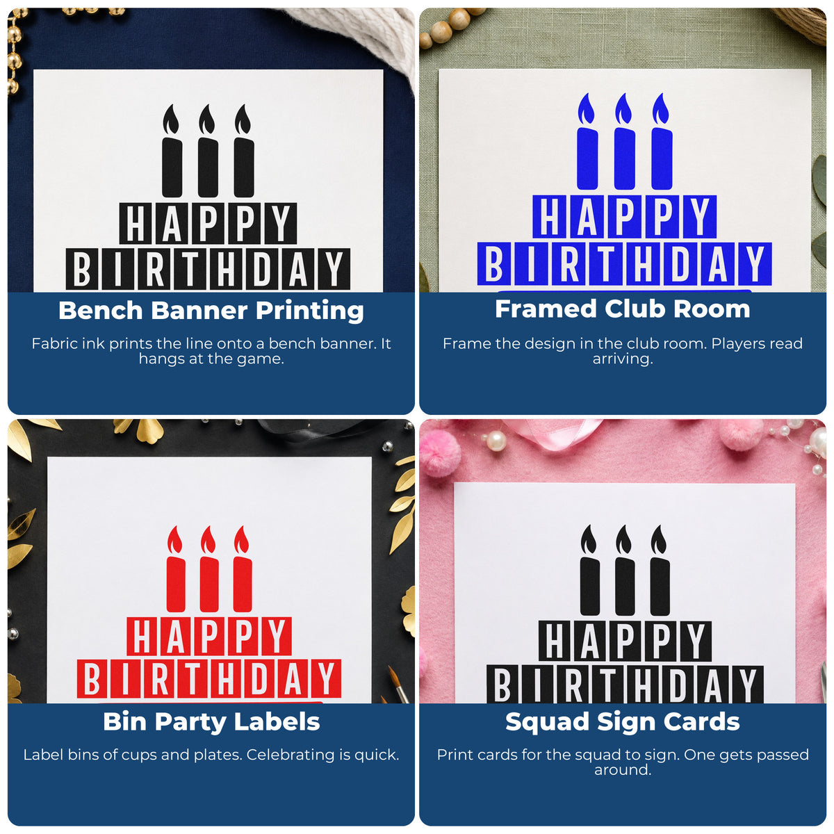 Four ways to use the Birthday Three-Candle Block Lettering Slim Pre-Inked Stamp: bench banner printing, framed club room, bin party labels and squad sign cards.