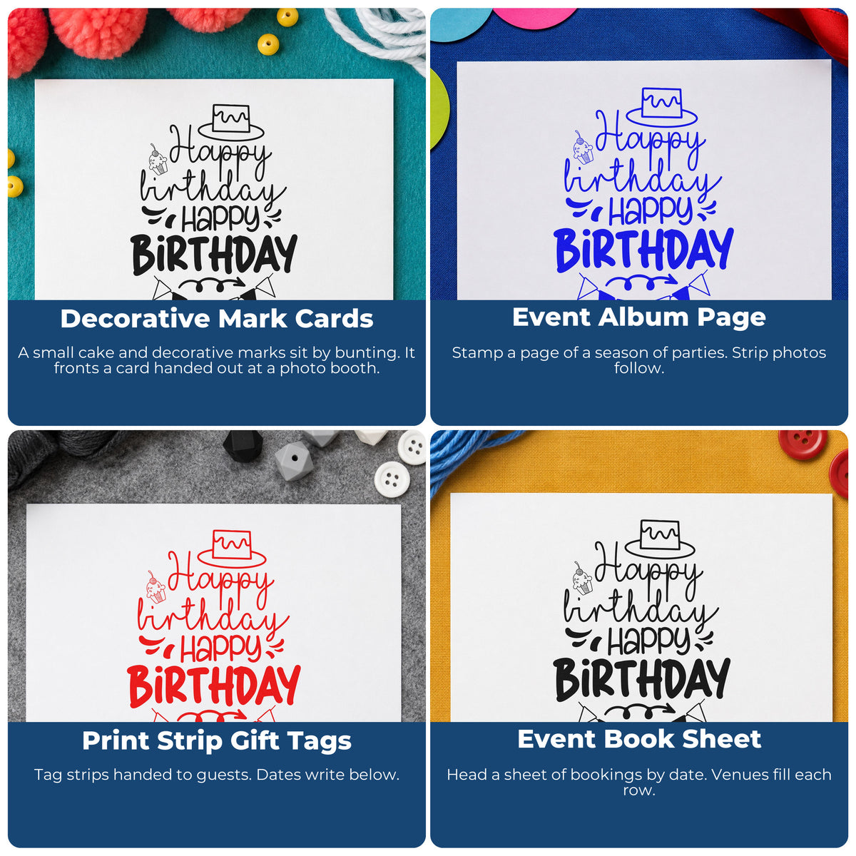Four ways to use the Repeated Birthday Cake Bunting Stamp – Self-Inking: decorative mark cards, event album page, print strip gift tags and event book sheet.